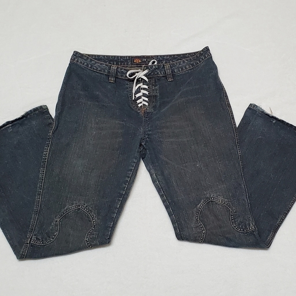 RARE Vintage Route 66 Lace-up Waist Western Dark Wash Low Rise Flare Jeans 14 - Picture 2 of 10